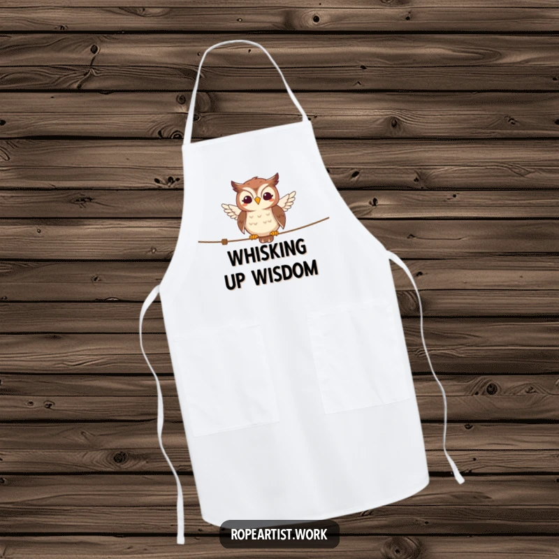 Funny owl apron featuring a smiling character balancing on a tightrope, ideal for cooking and kitchen fun.