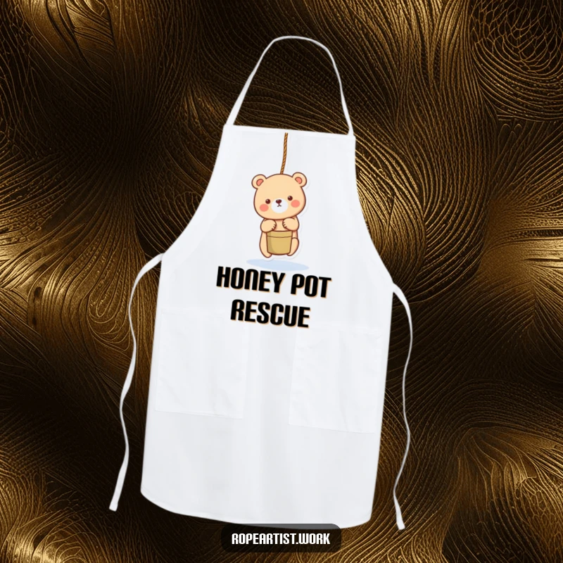 Funny bear apron featuring an adorable character lowering a bucket with a rope, ideal for cooking and baking.