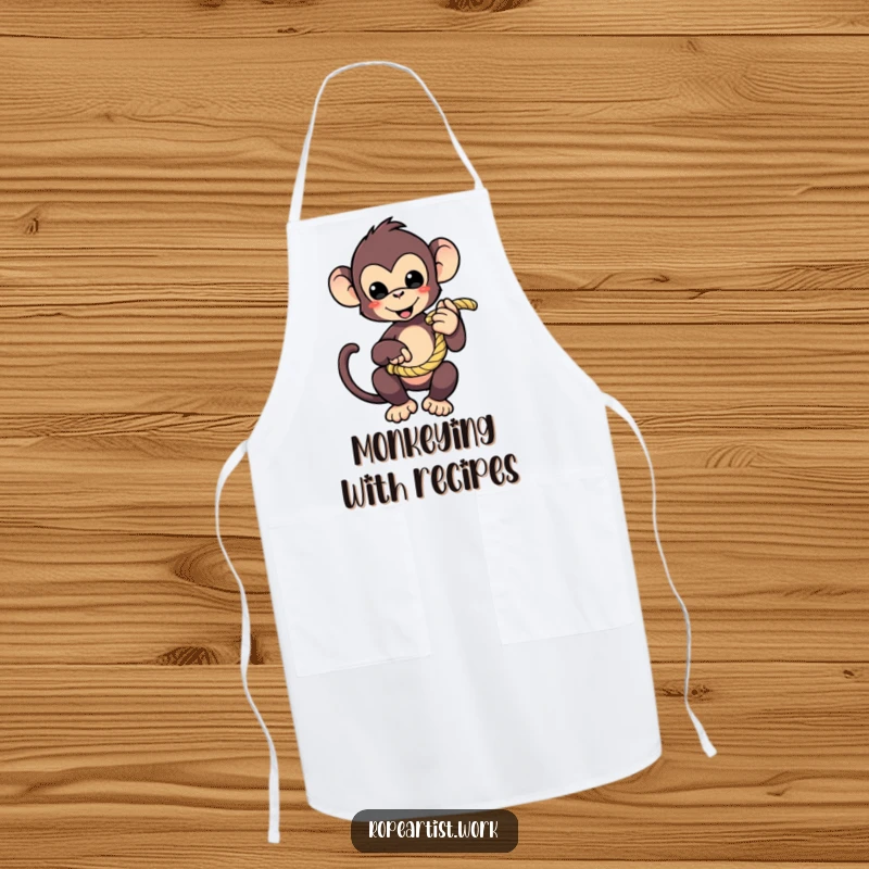 Funny monkey apron depicting a cute character playfully holding a coiled rope, perfect for cooking and grilling.