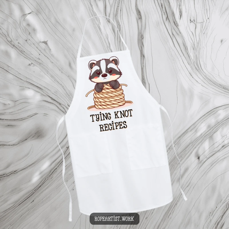 Funny Kawaii Badger Apron showing a cute badger balancing ropes, ideal for kitchen use and adding a humorous, stable touch.