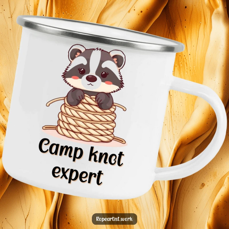 Funny Kawaii Badger Camping Mug showing a cute badger balancing ropes, designed for outdoor enthusiasts and adding a humorous, calm vibe.