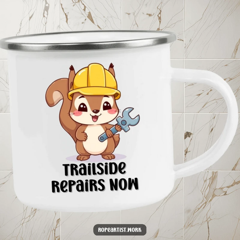 Funny Kawaii Squirrel Camping Mug showing a cute squirrel with a hard hat and tiny wrench, ideal for outdoor drinks.