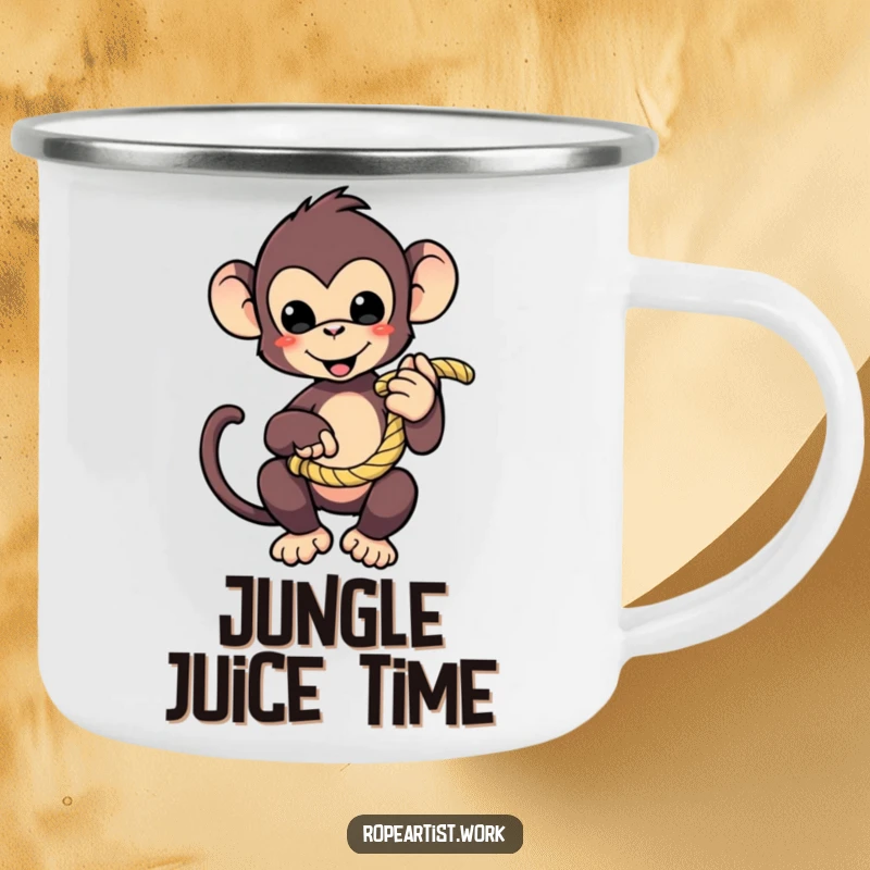Funny monkey camping mug with a cute character playfully holding a coiled rope, durable and humorous for outdoors.