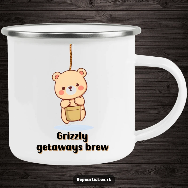 Funny bear camping mug with an adorable character lowering a bucket with a rope, durable and charming for outdoors.