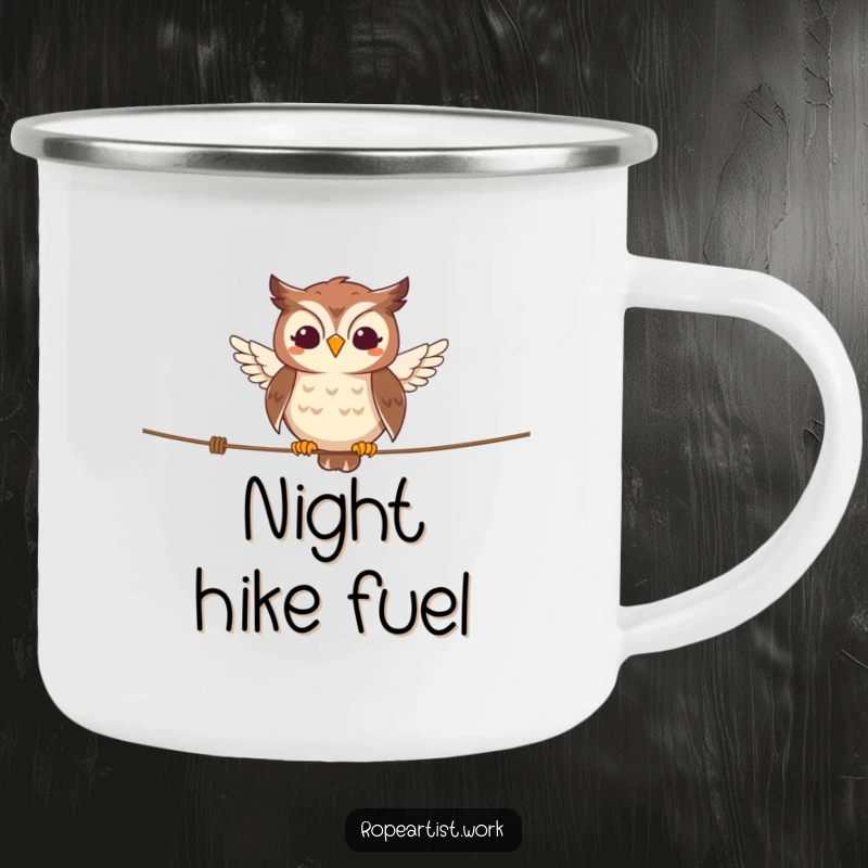 Funny owl camping mug with a smiling character balancing on a tightrope, durable and humorously wise for outdoors.
