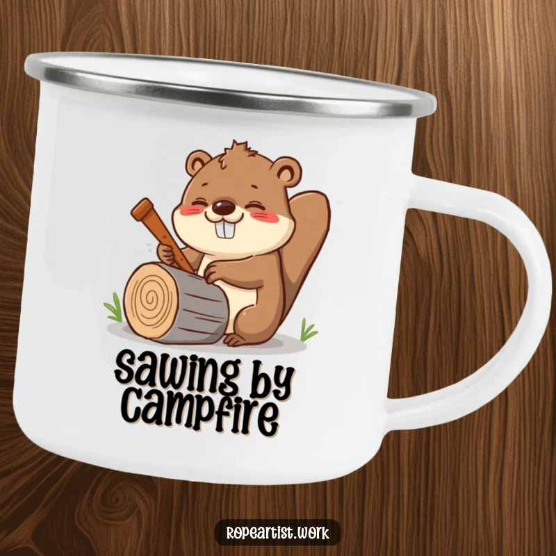 Funny Kawaii Beaver Camping Mug showing a cheerful beaver sawing a log, ideal for outdoor drinks.