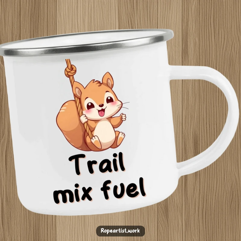 Funny squirrel camping mug with a kawaii character swinging from a thick rope, durable and charming for the outdoors.