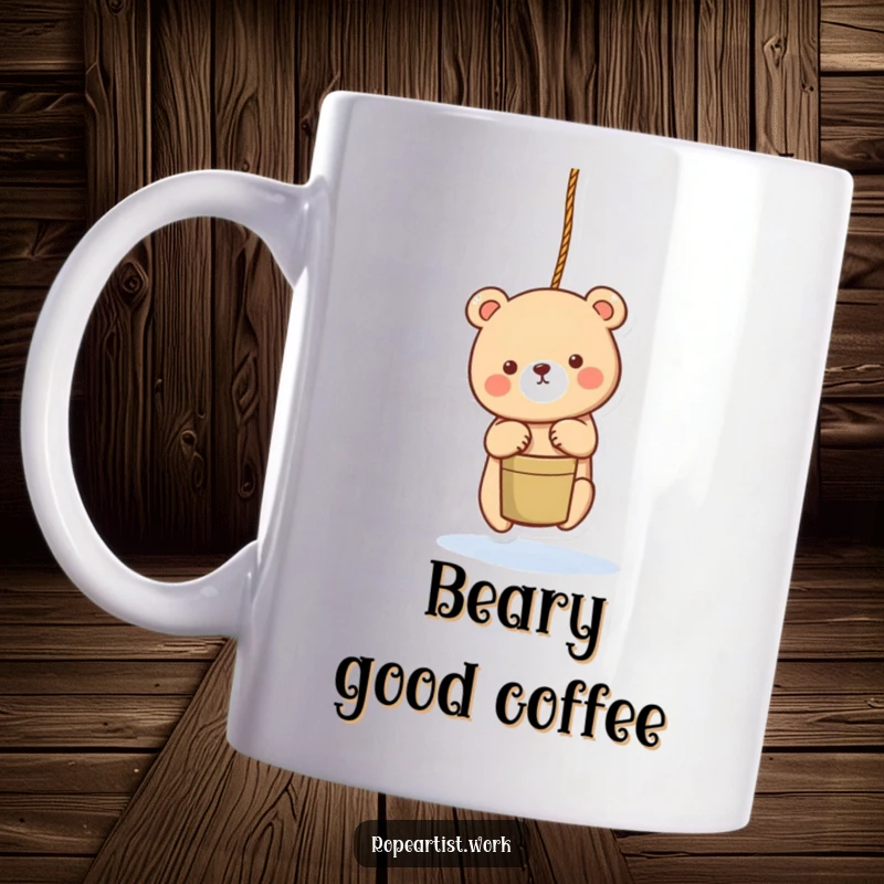 Funny bear mug featuring an adorable character lowering a bucket with a rope, a charming and humorous gift.