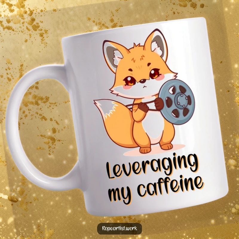 Funny Kawaii Fox Mug with a determined expression adjusting a large pulley, ideal for engineers, DIY enthusiasts, and animal lovers.
