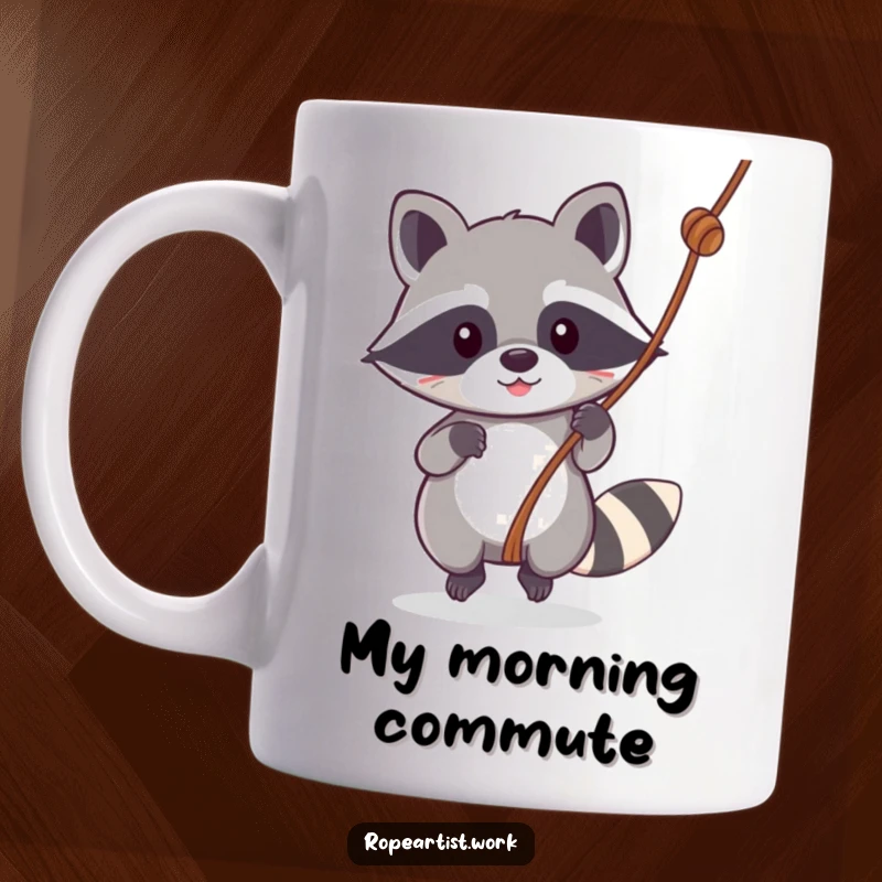 Funny Kawaii Raccoon Mug swinging on a rope with a playful expression, perfect for outdoor adventure enthusiasts and kids.
