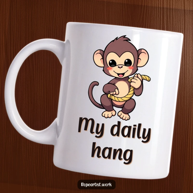 Funny monkey mug featuring a cute character coiled playfully with a rope, perfect for animal lovers gift.