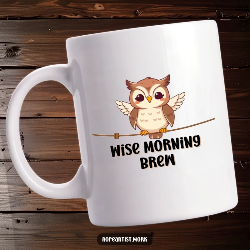 Funny owl mug featuring a smiling character expertly balancing on a tightrope, a wise and humorous gift.