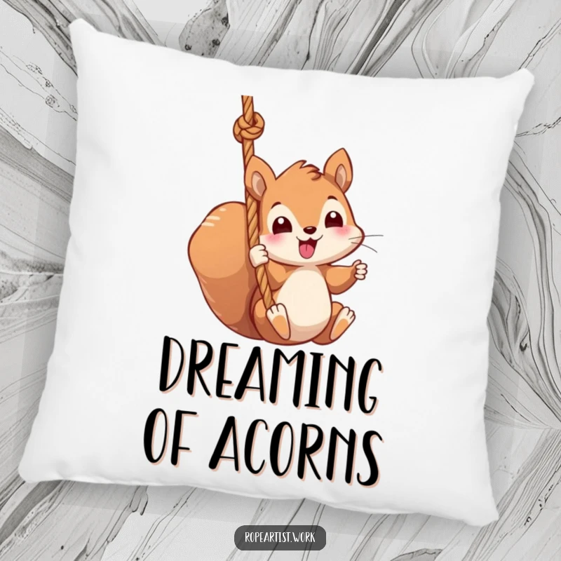 Funny squirrel pillow with a kawaii character swinging from a thick rope, soft, huggable, and charmingly humorous.