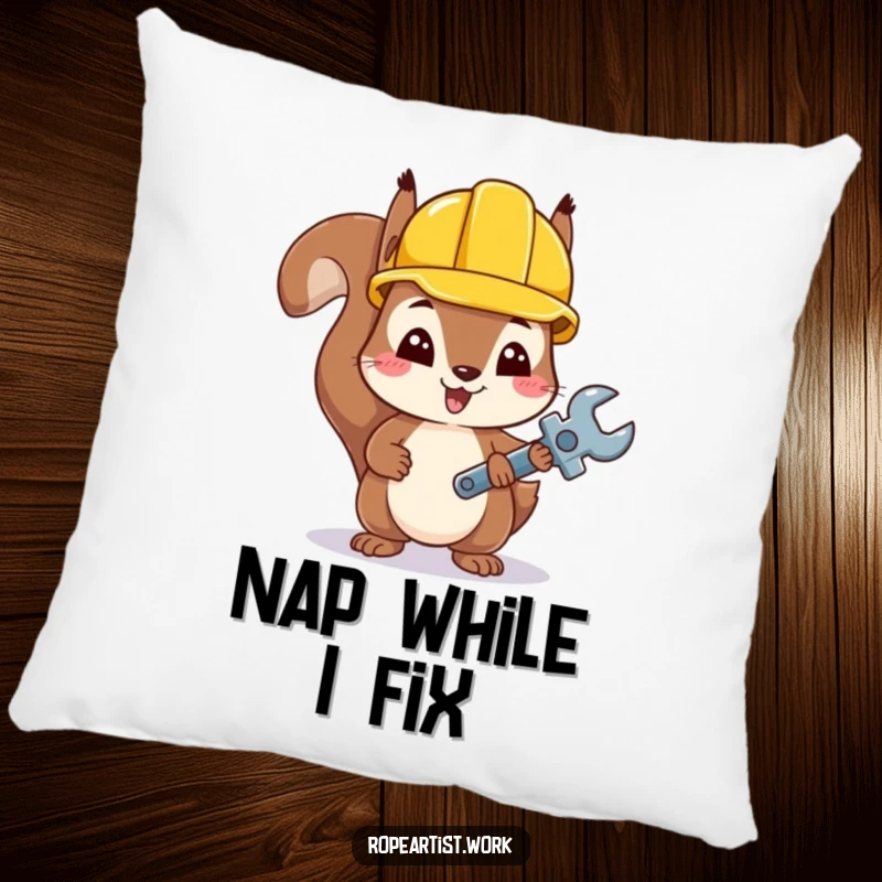 Funny Kawaii Squirrel Pillow featuring a cute squirrel with a hard hat and tiny wrench, offering comfort and DIY charm.