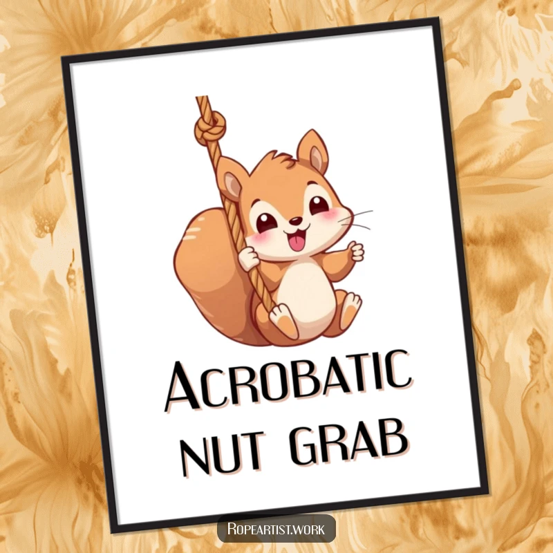 Funny squirrel digital art print of a kawaii character swinging from a thick rope, instant cute and humorous decor.