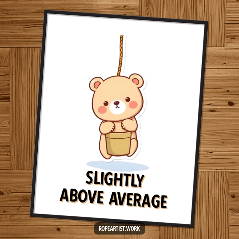 Funny bear digital art print of an adorable character lowering a bucket with a rope, instant cute and humorous decor.