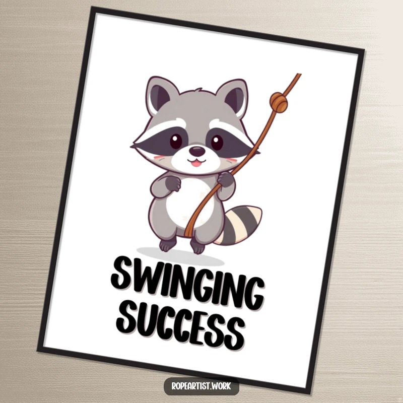 Funny Kawaii Raccoon Digital Art Print of a cute raccoon swinging, ideal for instant home decor and adding a humorous vibe.
