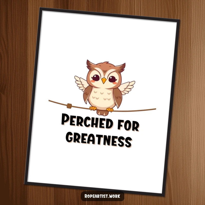 Funny owl digital art print of a smiling character balancing on a tightrope, instant artistic and humorous decor.
