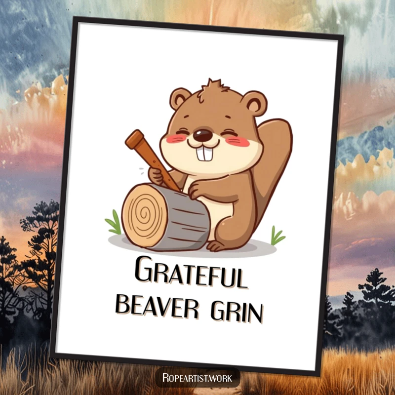 Funny Kawaii Beaver Digital Art Print showing a cheerful beaver enthusiastically sawing a log, ready for download.