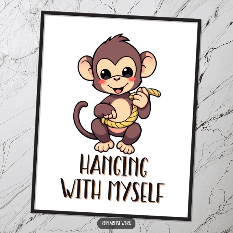 Funny monkey digital art print of a cute character playfully holding a coiled rope, instant humorous decor.
