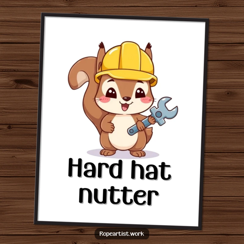 Funny Kawaii Squirrel Digital Art Print showing a cute squirrel in a hard hat with a tiny wrench, ready for download.