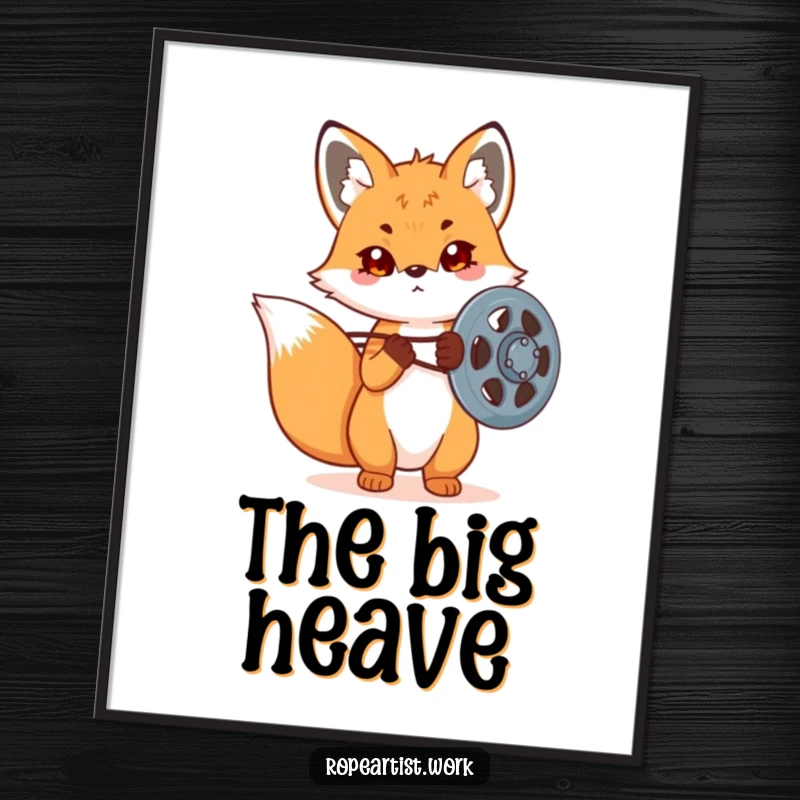 Funny Kawaii Fox Digital Art Print showing a cute fox focused on a pulley, ideal for office decor and mechanical-themed rooms.