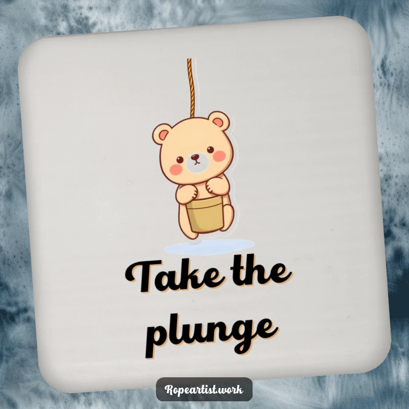 Funny bear coaster featuring an adorable character lowering a bucket with a rope, cute surface protection with humor.