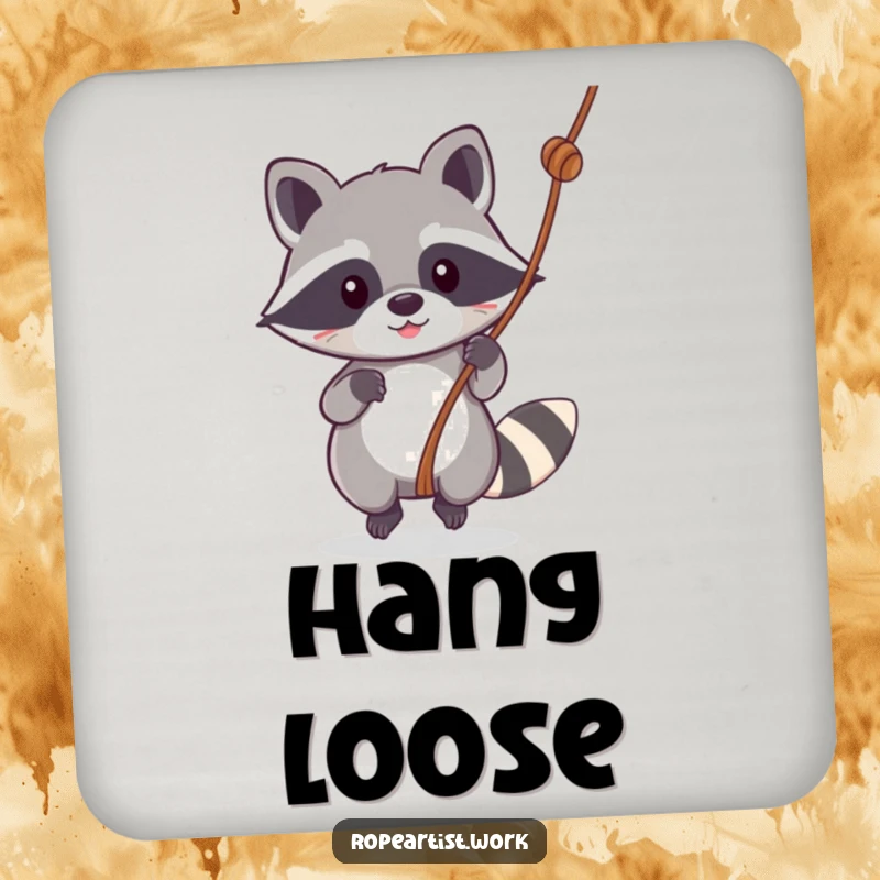 Funny Kawaii Raccoon Drink Coasters featuring a cute raccoon swinging, ideal for protecting tables and adding a humorous element to drinks.