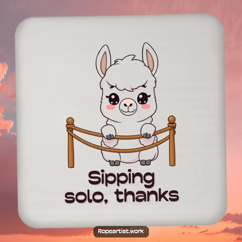 Funny llama coaster featuring a shy character peeking over a rope barrier, cute surface protection with humor.