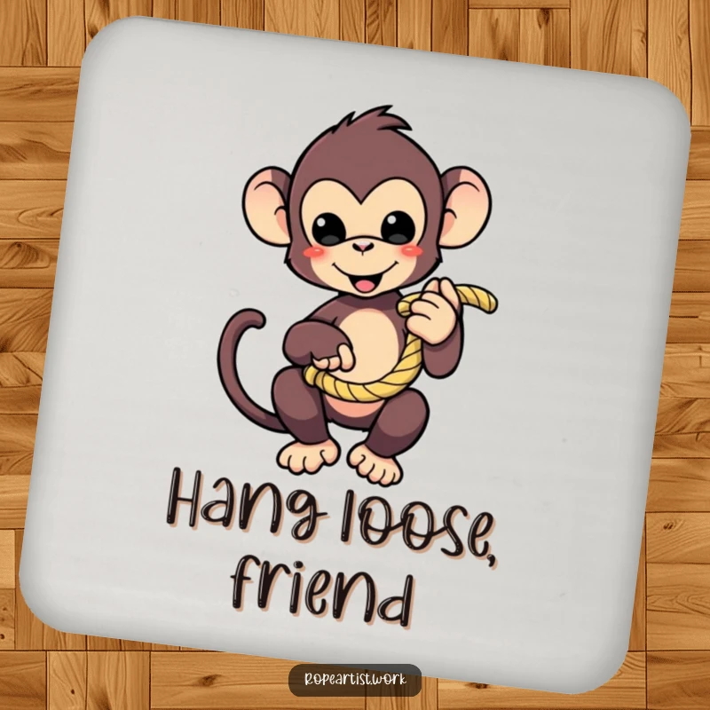 Funny monkey coaster featuring a cute character playfully holding a coiled rope, protecting surfaces with humor.