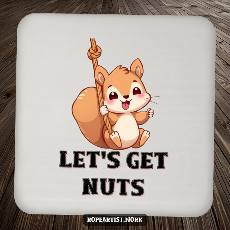 Funny squirrel coaster featuring a kawaii character swinging from a thick rope, cute surface protection with humor.