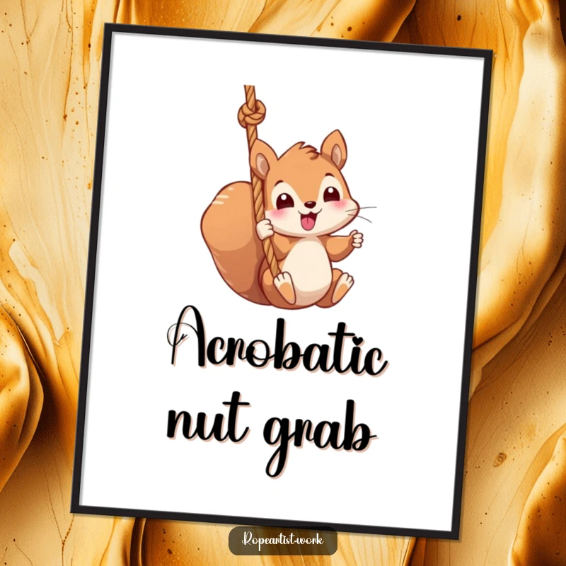Funny squirrel poster featuring a kawaii character swinging from a thick rope, cute wall art for gifting.
