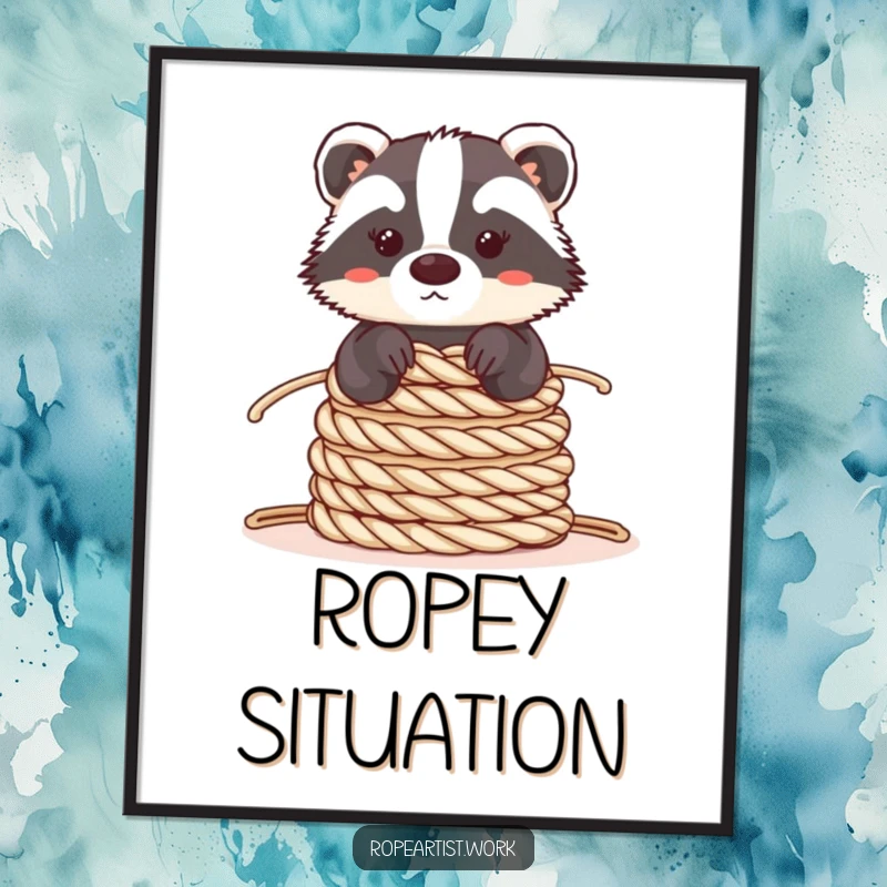 Funny Kawaii Badger Poster showing a cute badger perfectly balancing coiled ropes, ideal for calm spaces and adding humorous decor.