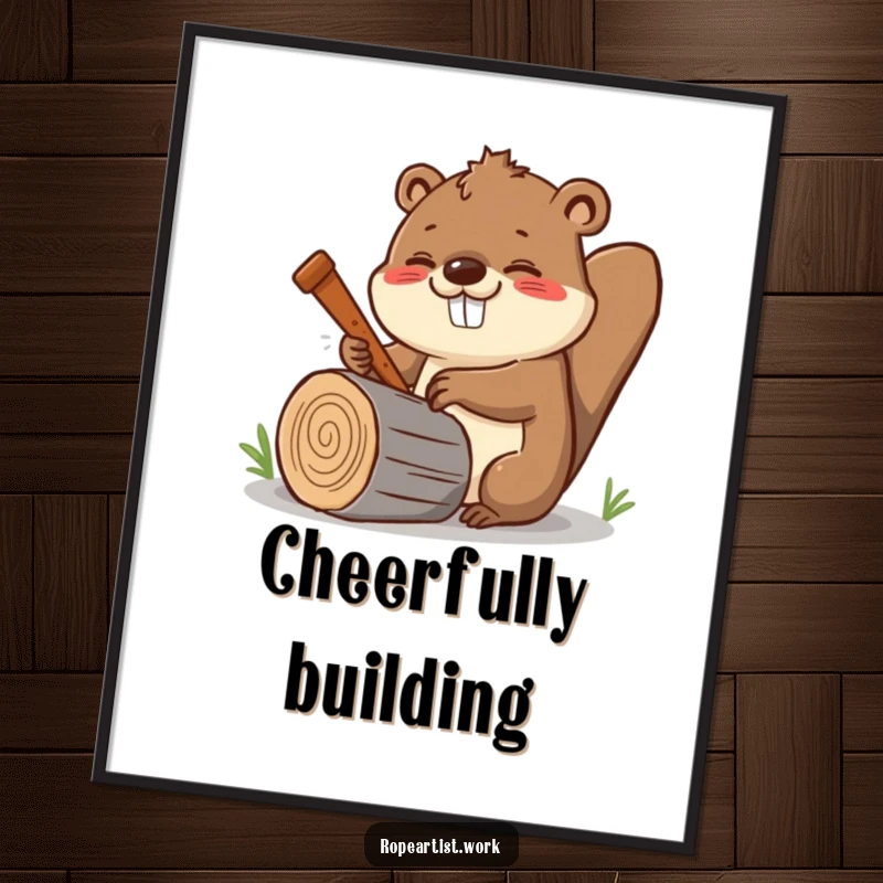 Funny Kawaii Beaver Poster depicting a cheerful beaver enthusiastically sawing a log, bringing woodland art.