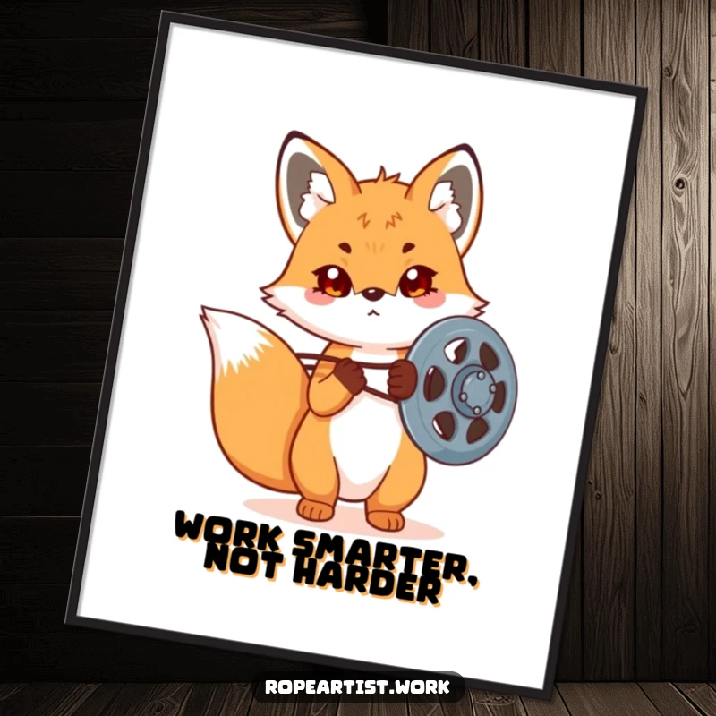 Funny Kawaii Fox Poster displaying a cute fox intently adjusting a large pulley, perfect for workshops, offices, and humor lovers.