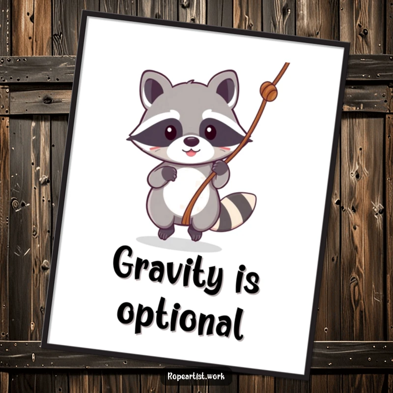 Funny Kawaii Raccoon Poster showing a cute raccoon mid-swing, adding a playful and humorous touch to any room's decor.