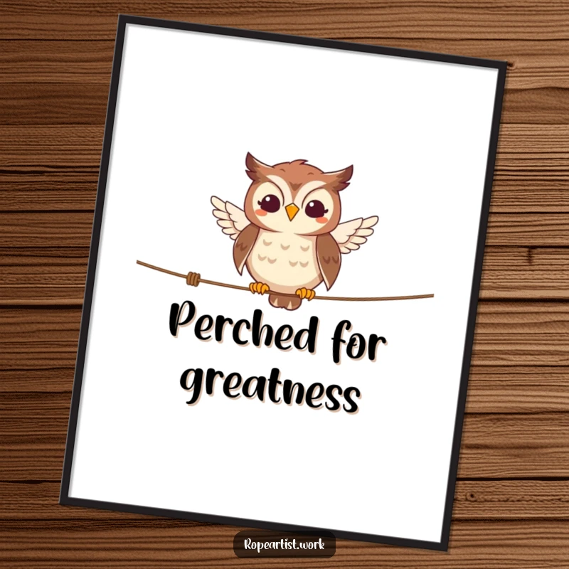 Funny owl poster featuring a smiling character balancing on a tightrope, artistic and humorous wall decor.