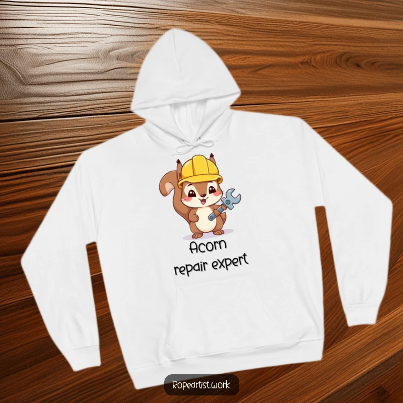 Funny Kawaii Squirrel Hoodie showcasing a cute squirrel with a hard hat and tiny wrench, offering warmth and DIY charm.