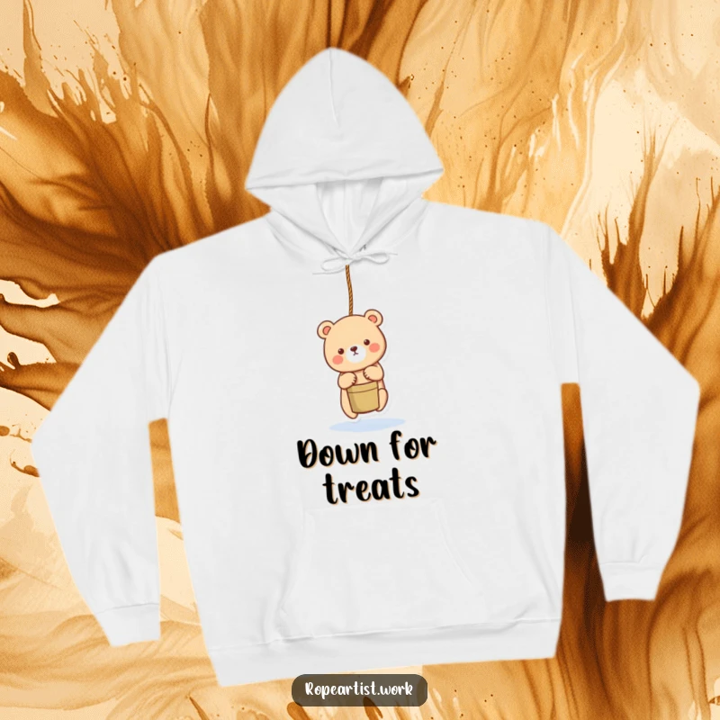 Funny bear hoodie featuring an adorable character lowering a bucket with a rope, cozy and charmingly humorous.