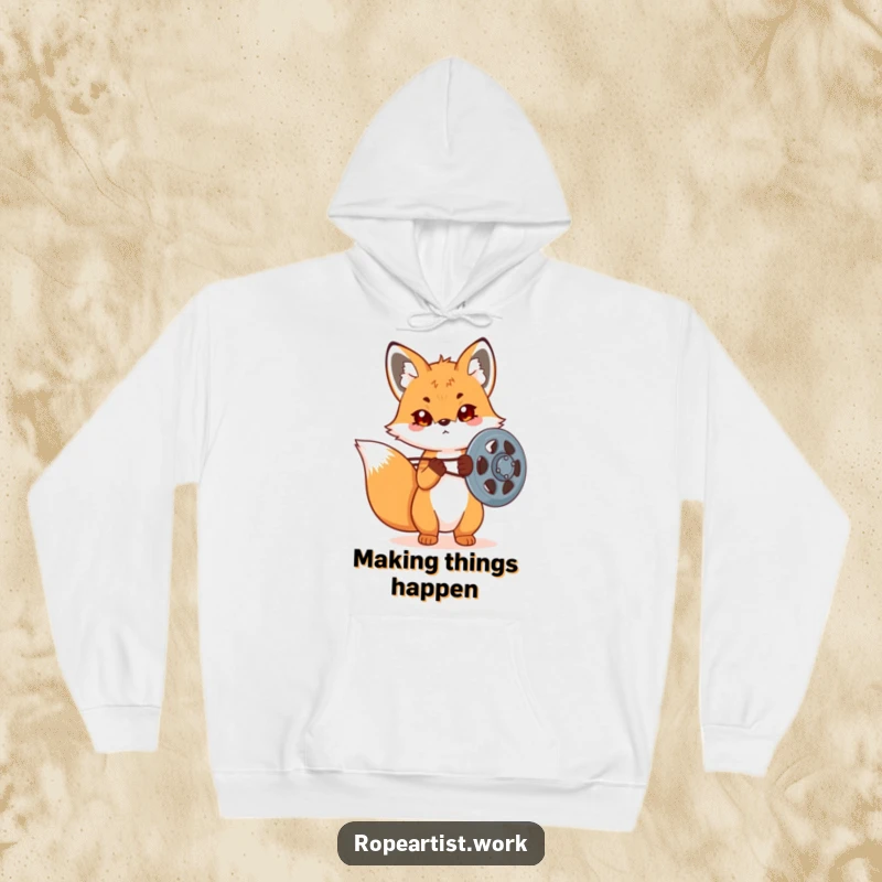 Funny Kawaii Fox Hoodie showing a cute fox intensely working on a pulley system, great for cold weather and clever thinkers.