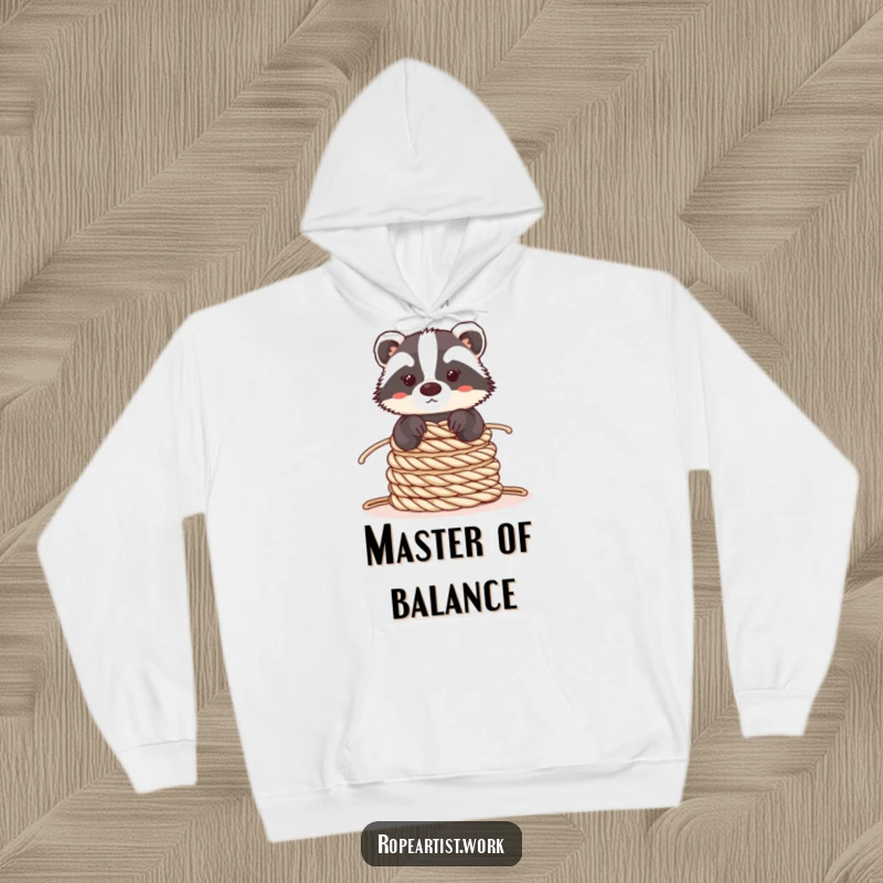 Funny Kawaii Badger Hoodie showing a cute badger balancing ropes, ideal for relaxation and warm, humorous wear.