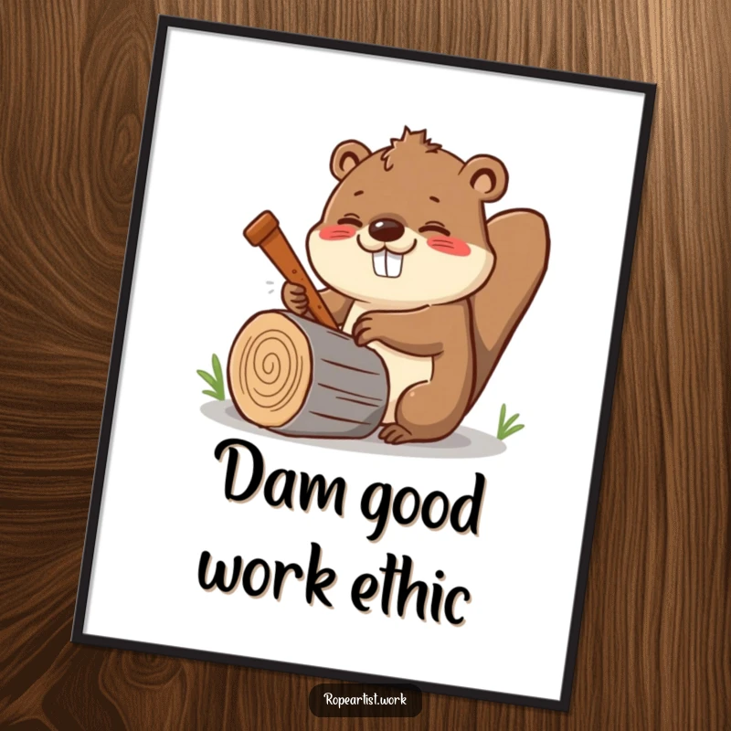 Funny Free Printable Wall Art of a kawaii beaver enthusiastically sawing a log with a bright, happy grin, bringing forest vibes.