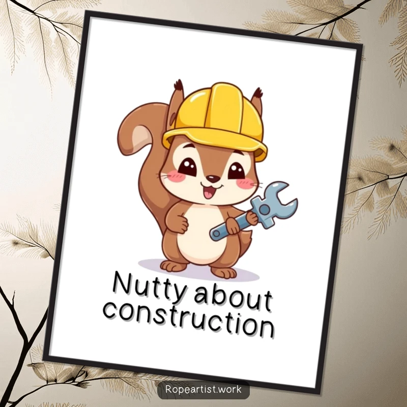 Funny Free Printable Wall Art of a kawaii squirrel wearing a hard hat and holding a tiny wrench, ready for DIY projects.