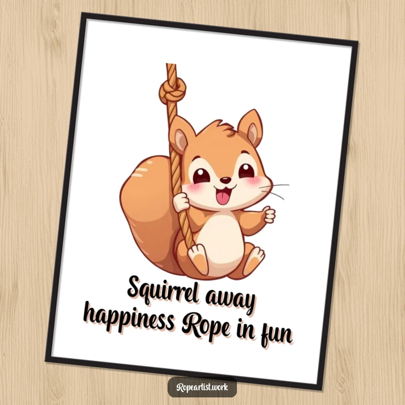 Funny Free Printable Wall Art: A kawaii squirrel character joyfully swinging from a thick rope, bringing dynamic energy and cuteness.