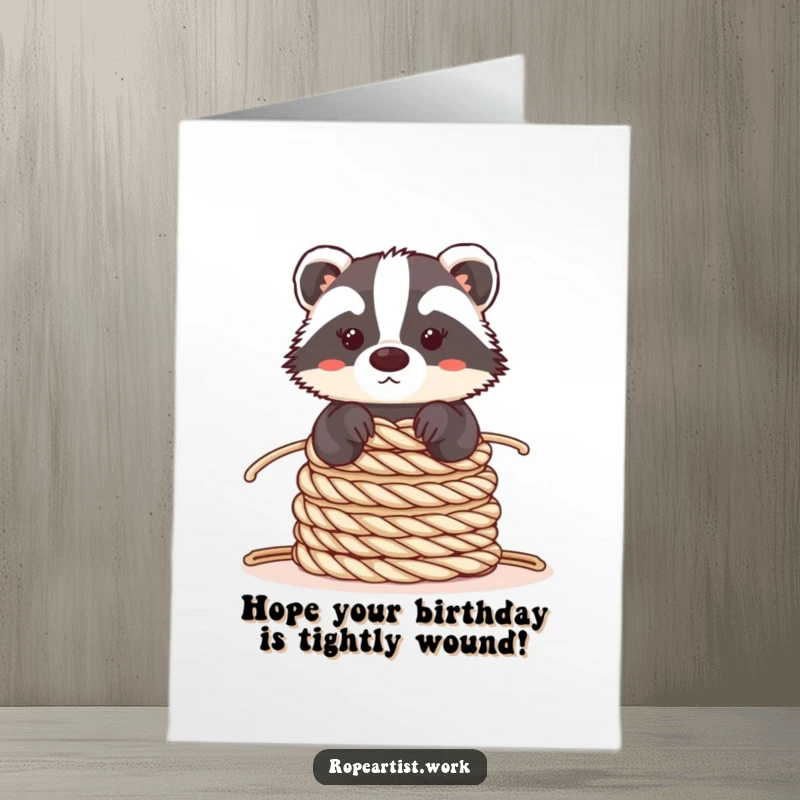 Funny free printable birthday card: Careful kawaii badger balancing a precarious stack of coiled ropes with focus.