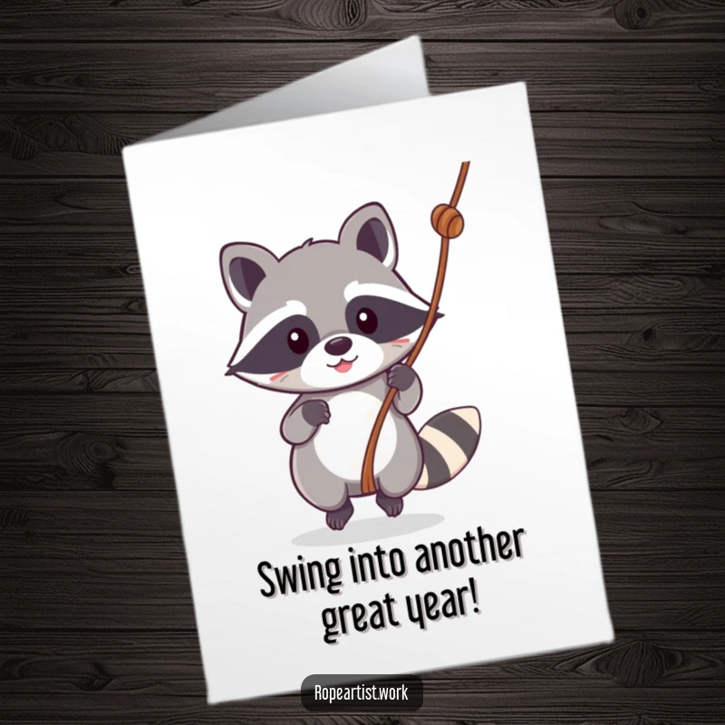 Funny free printable birthday card: Adorable kawaii raccoon joyfully swinging from a rope with a mischievous grin.