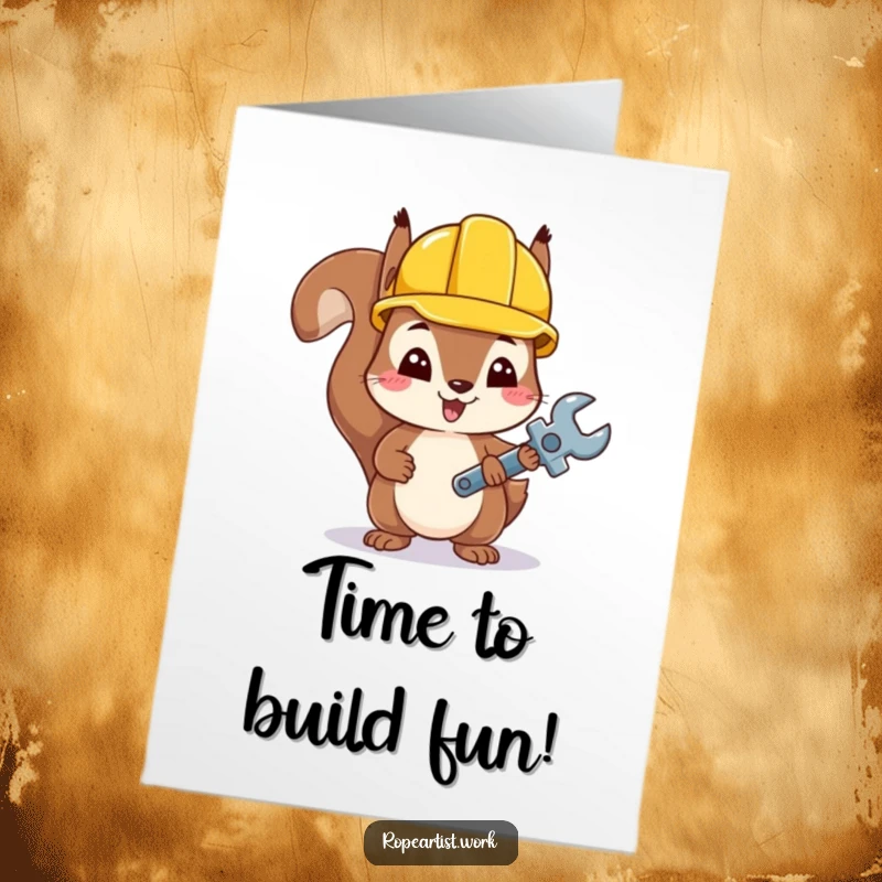 Funny Free Printable Birthday Card featuring a kawaii squirrel in a hard hat with a wrench, ready to fix the party.