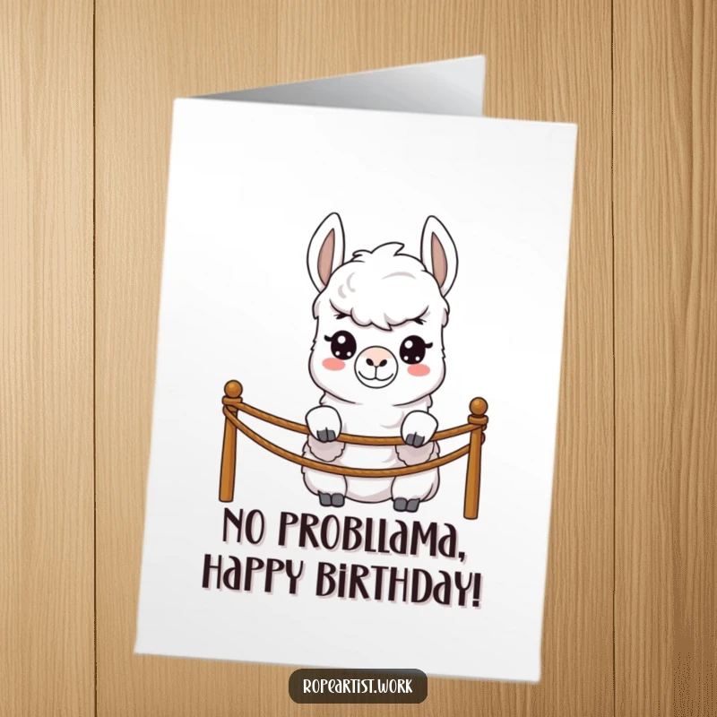 Funny Free Printable Birthday Card: A shy llama character peeking over a rope barrier, wishing a happy birthday with a bashful grin.