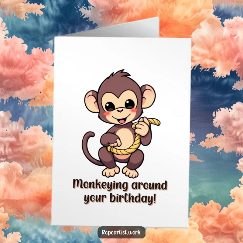 Funny Free Printable Birthday Card featuring a cute monkey character playfully holding a coiled rope, ready for a birthday surprise.