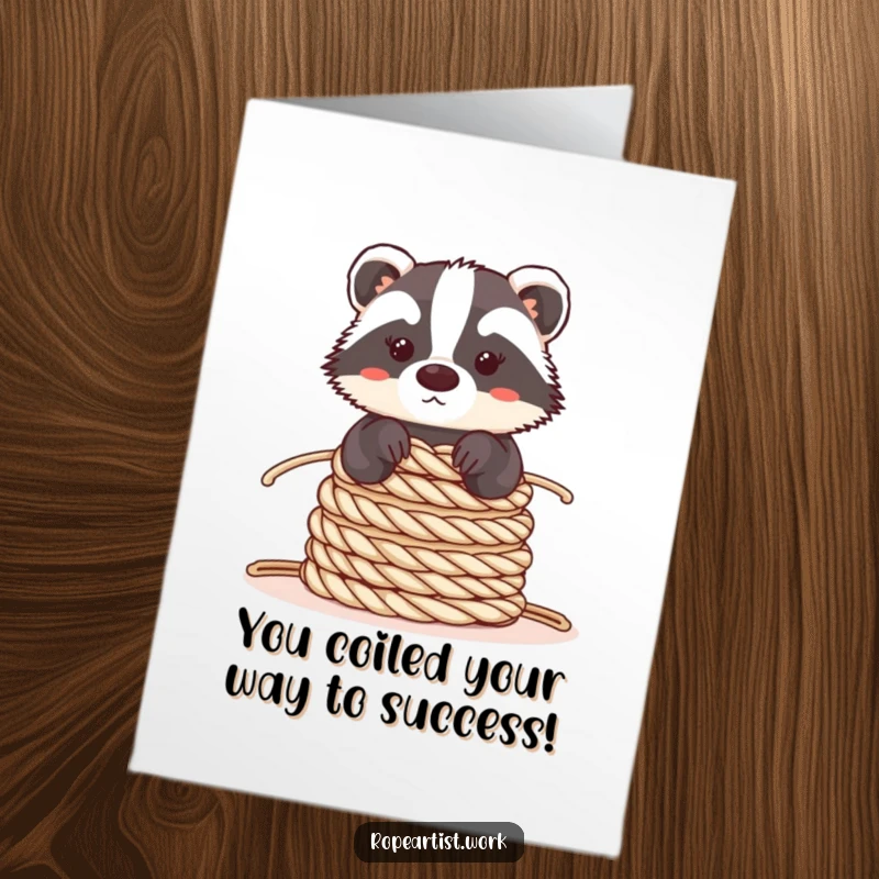 Funny free printable congratulations card: A kawaii badger carefully balancing a tall stack of coiled ropes, conveying steady success.